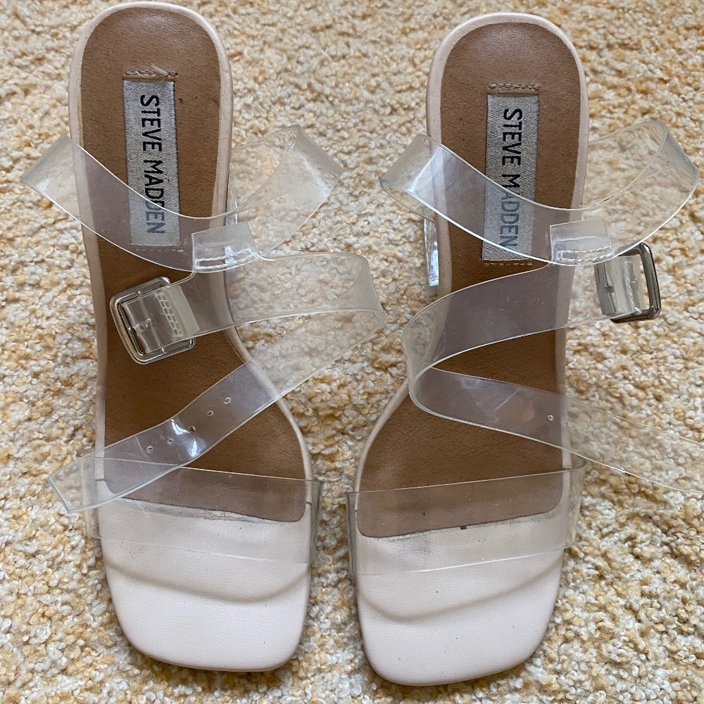 Steve Madden Nude with clear strap heels and thick clear heel